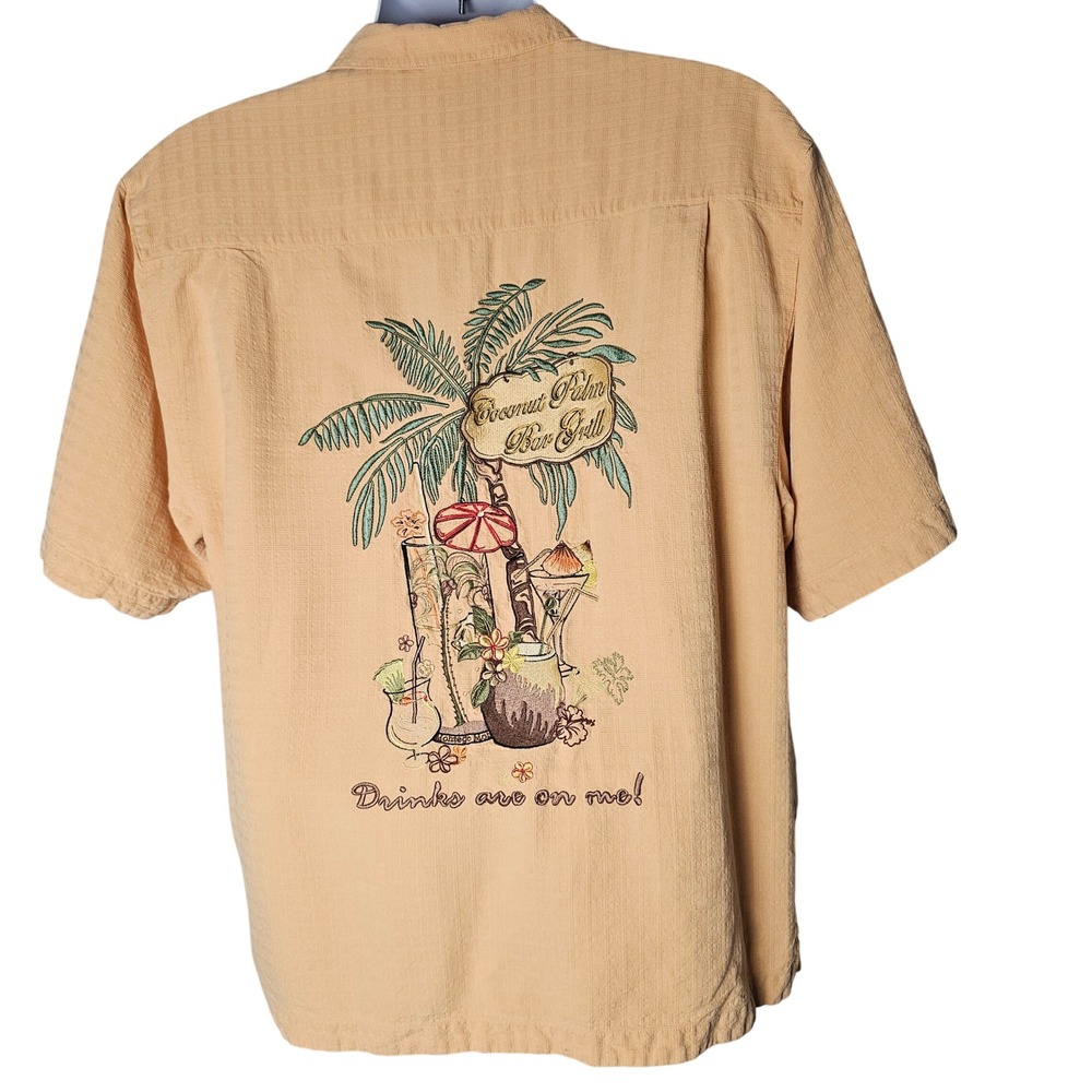 Montego Mon Mens Silk Embroidered Drinks On Me Shirt L Peach Tiki Resort - Picture 1 of 12